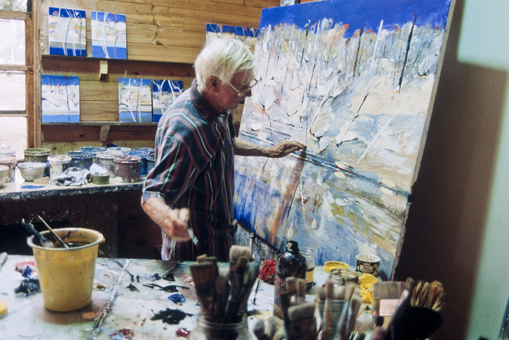 Arthur Boyd painting in his studio at Bundanon