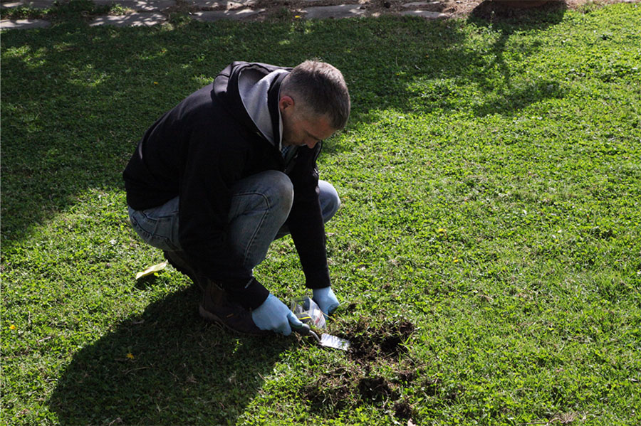 Professor Mark Taylor taking a soil sample at Bundanon.